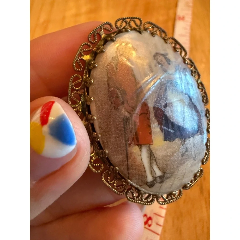 Vintage West Germany Fragonard Style Porcelain Transfer Filigree Brooch Pin